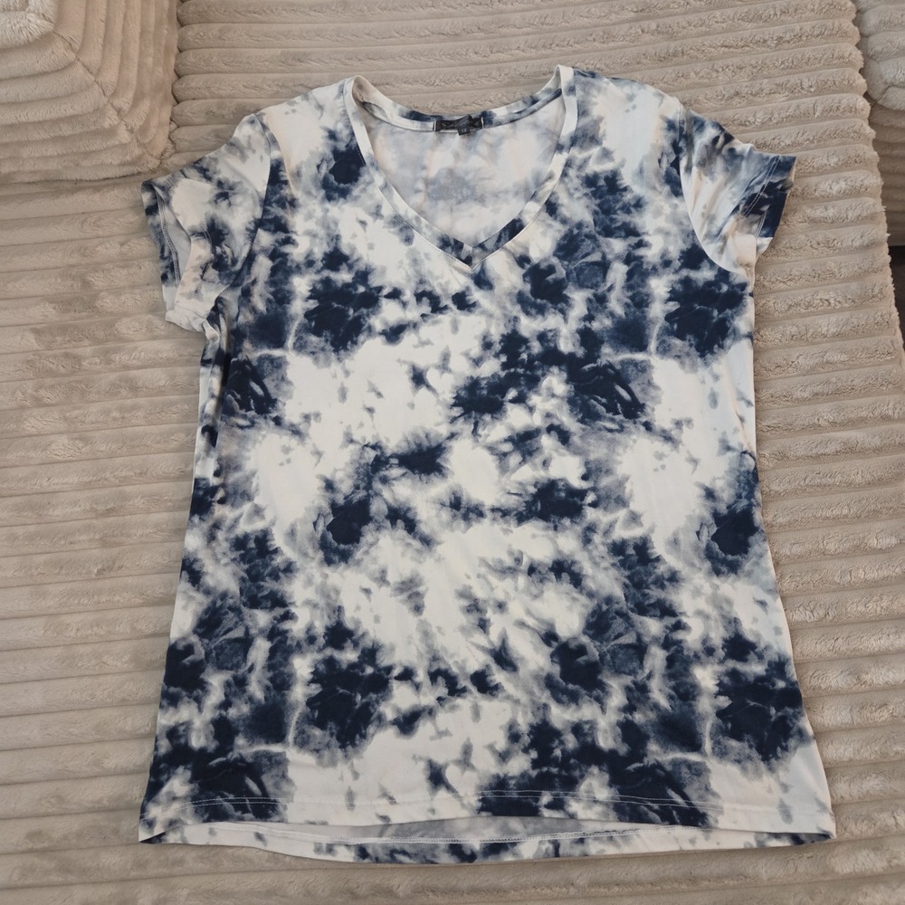 Splash Tie Dye V-Neck Tee Shirt Women's Size 1X Blue White Short Sleeve Plus